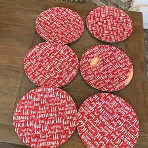 SET of SIX you get 6 -hoho merry Christmas red white print plate charger plastic